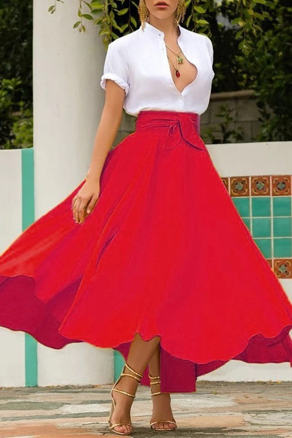 Flowy Long Skirt with Waist Tie Wrap Design - Luxivelle