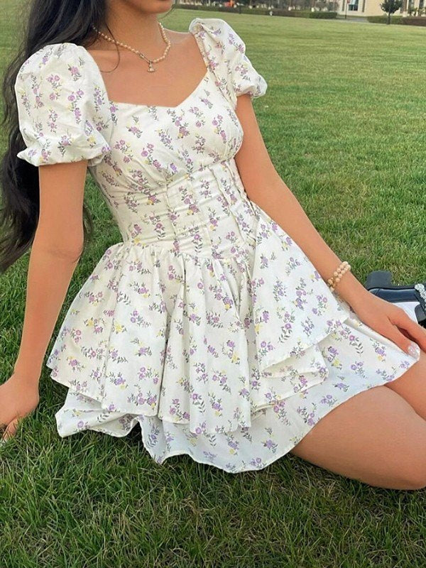 Chic Short Floral Square Neck Dress