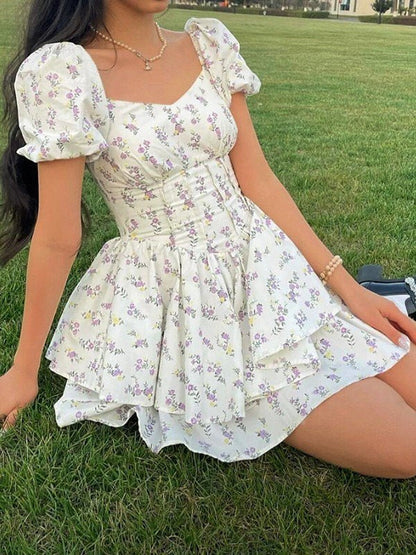 Chic Short Floral Square Neck Dress
