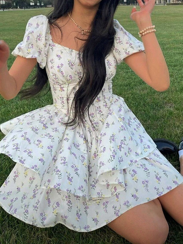 Chic Short Floral Square Neck Dress