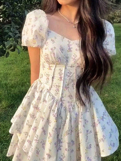 Chic Short Floral Square Neck Dress