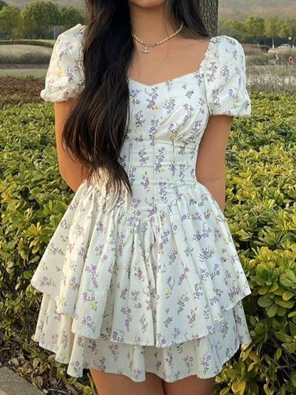 Chic Short Floral Square Neck Dress - Luxivelle