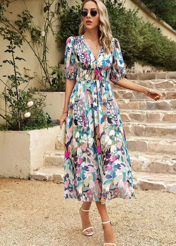 Ladies Floral Midi Dress V Neck Party Gown