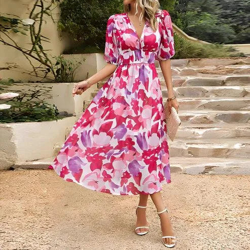 Ladies Floral Midi Dress V Neck Party Gown