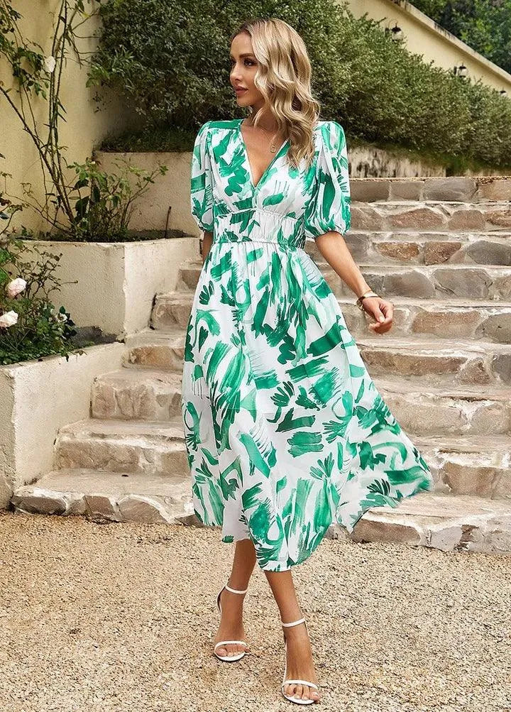 Ladies Floral Midi Dress V Neck Party Gown