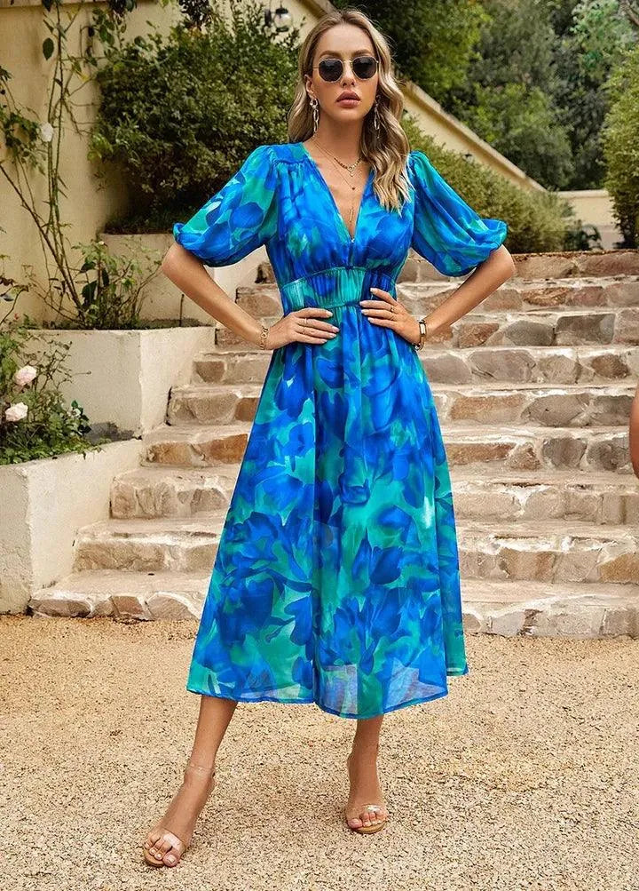 Ladies Floral Midi Dress V Neck Party Gown - Luxivelle