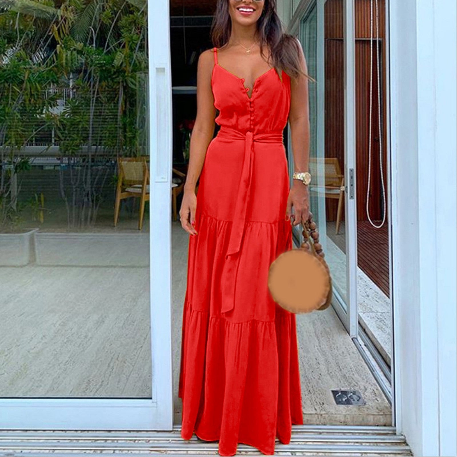 Women's Long Red Sundress with Tie Shoulder Strap - Luxivelle