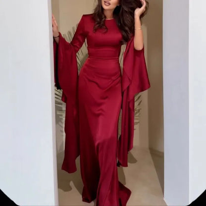 Ladies Red Maxi Dress with Long Bell Sleeves