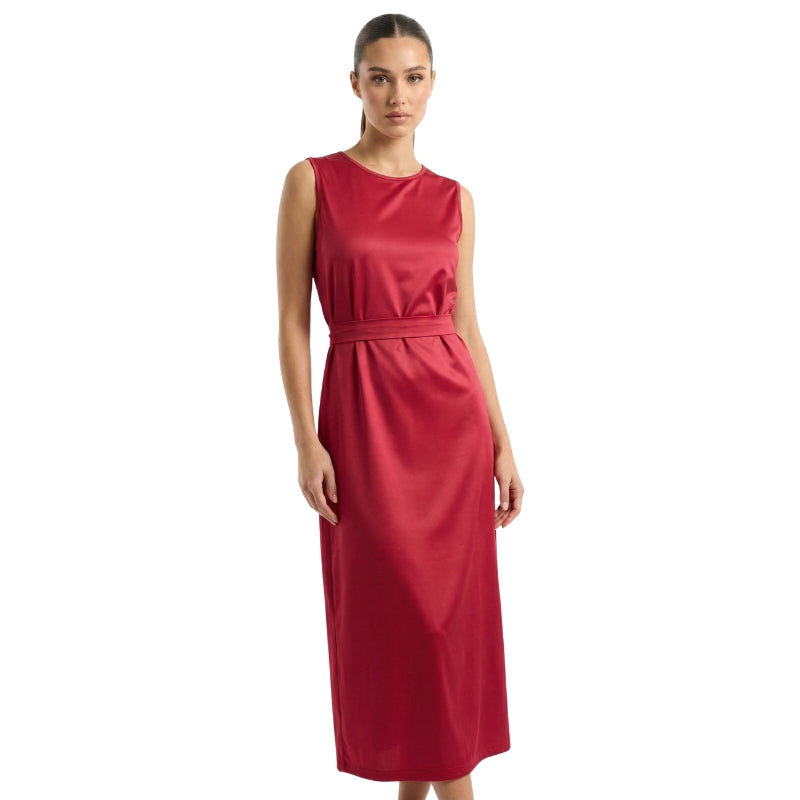 Ladies Red Midi Dress Sleeveless Fit Flare Waist