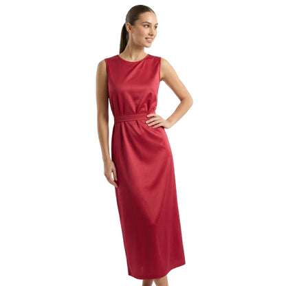 Ladies Red Midi Dress Sleeveless Fit Flare Waist - Luxivelle