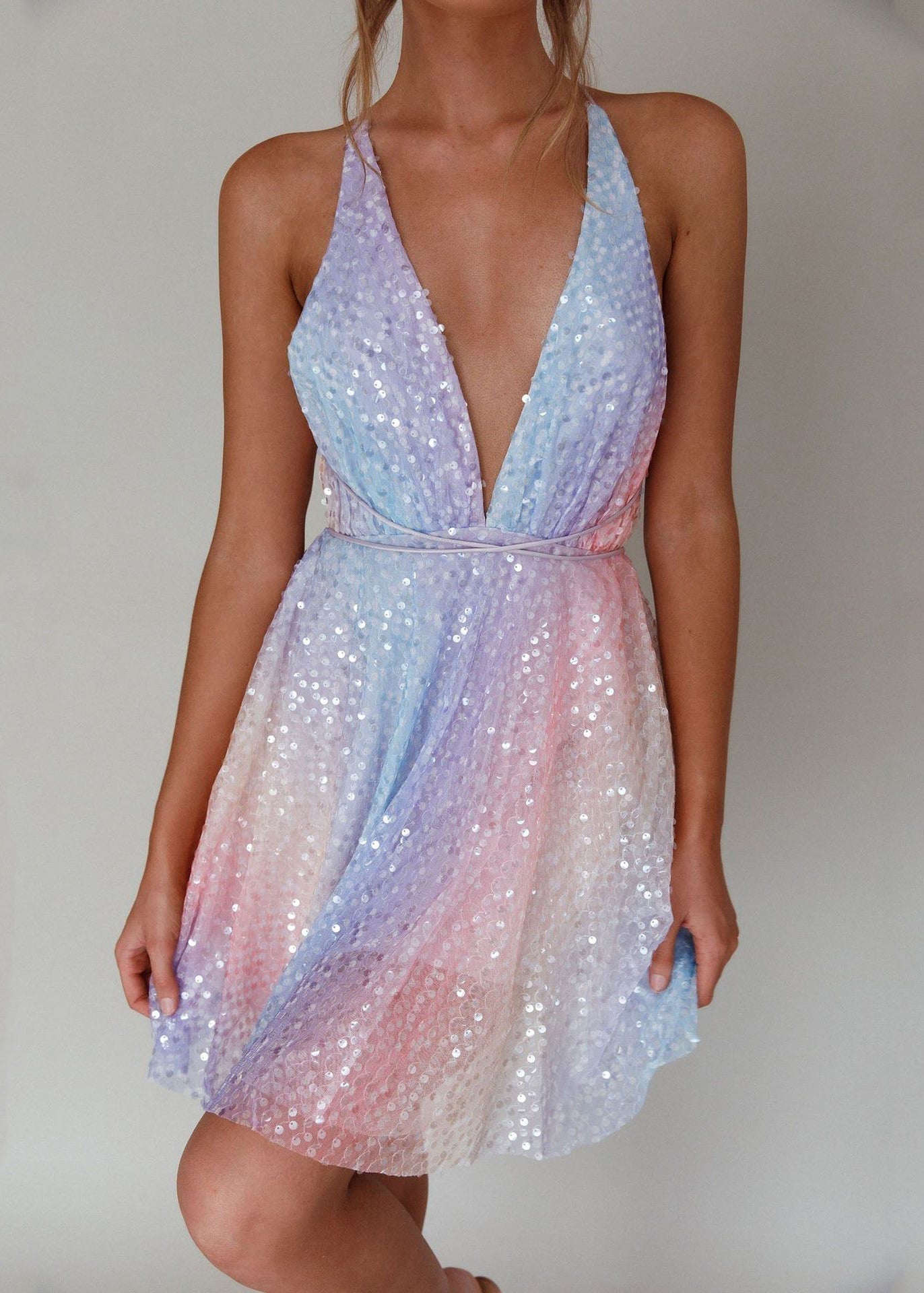 Glittery V Neck Mini Party Dress - Luxivelle