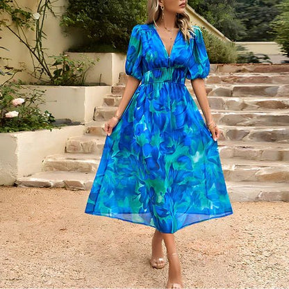 Pretty Floral Sundress with Puffy Sleeves - Luxivelle