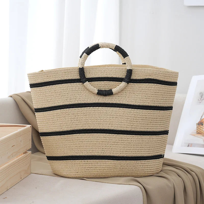 Large Canvas Stripe Shoulder Bag for Beach - Luxivelle