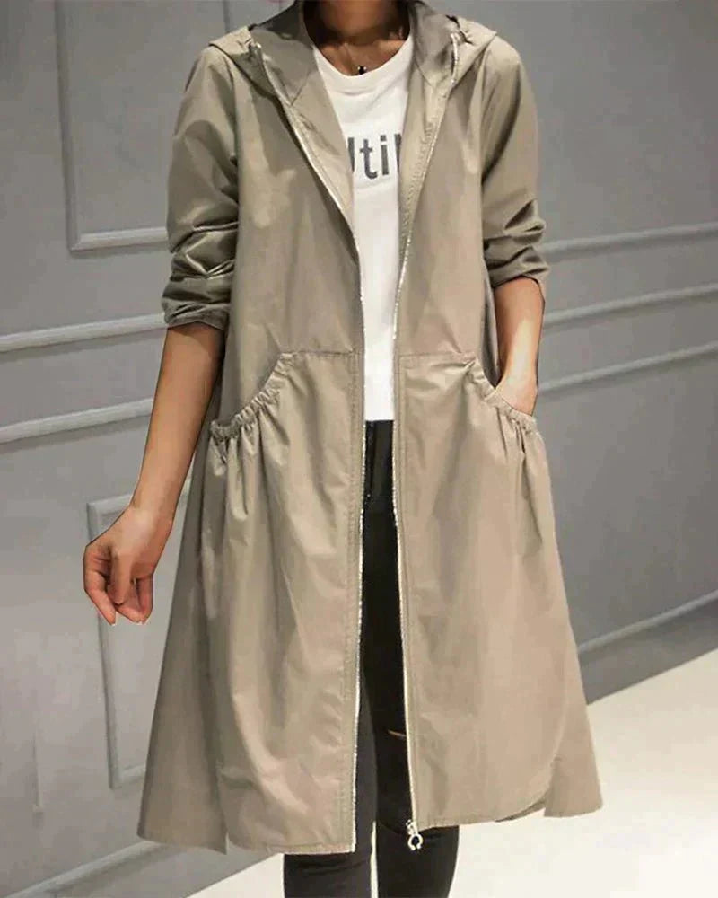 Waterproof Ladies Long Coat with Zip Up Hood - Luxivelle