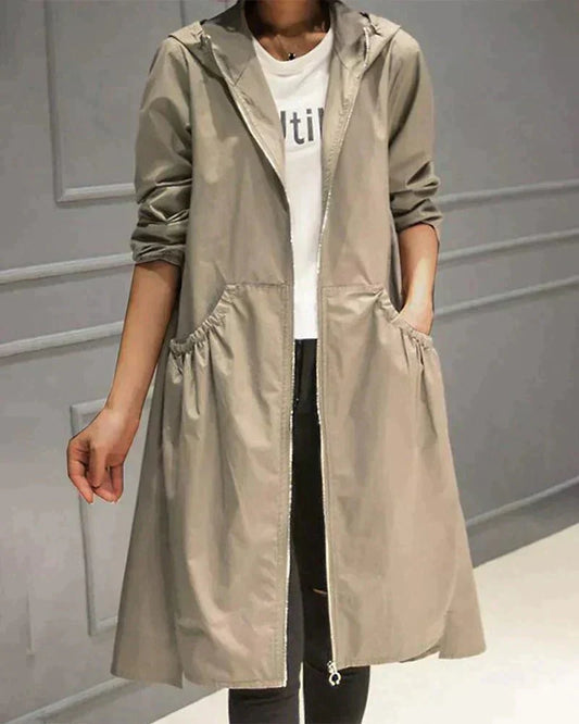 Waterproof Ladies Long Coat with Zip Up Hood - Luxivelle