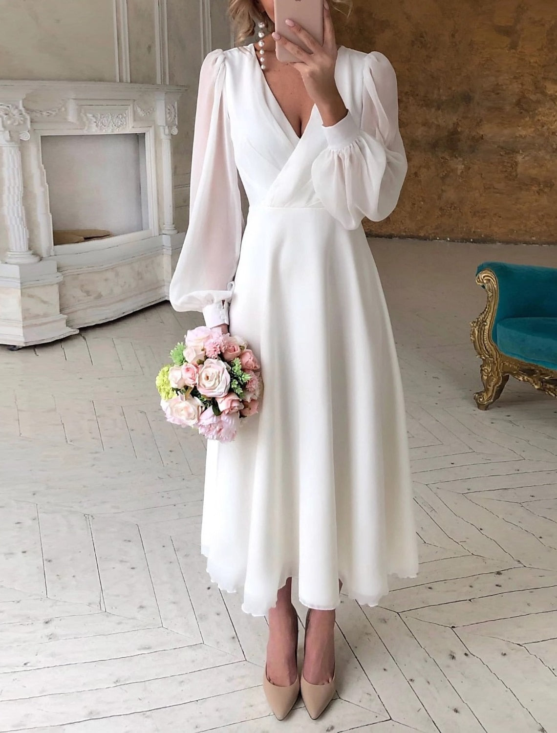 Elegant Bridal Gown Puff Sleeve Midi Dress - Luxivelle
