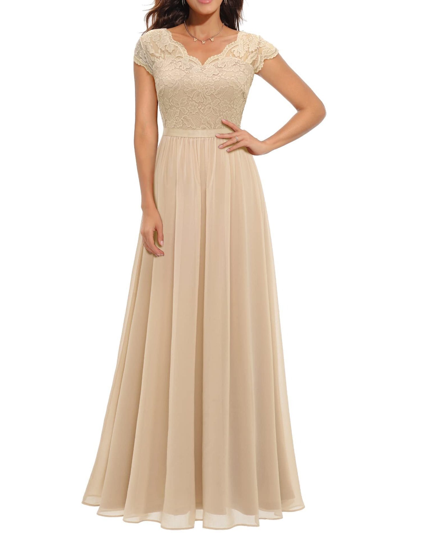 Elegant Bridal Gown Lace Top Short Sleeve Maxi Dress
