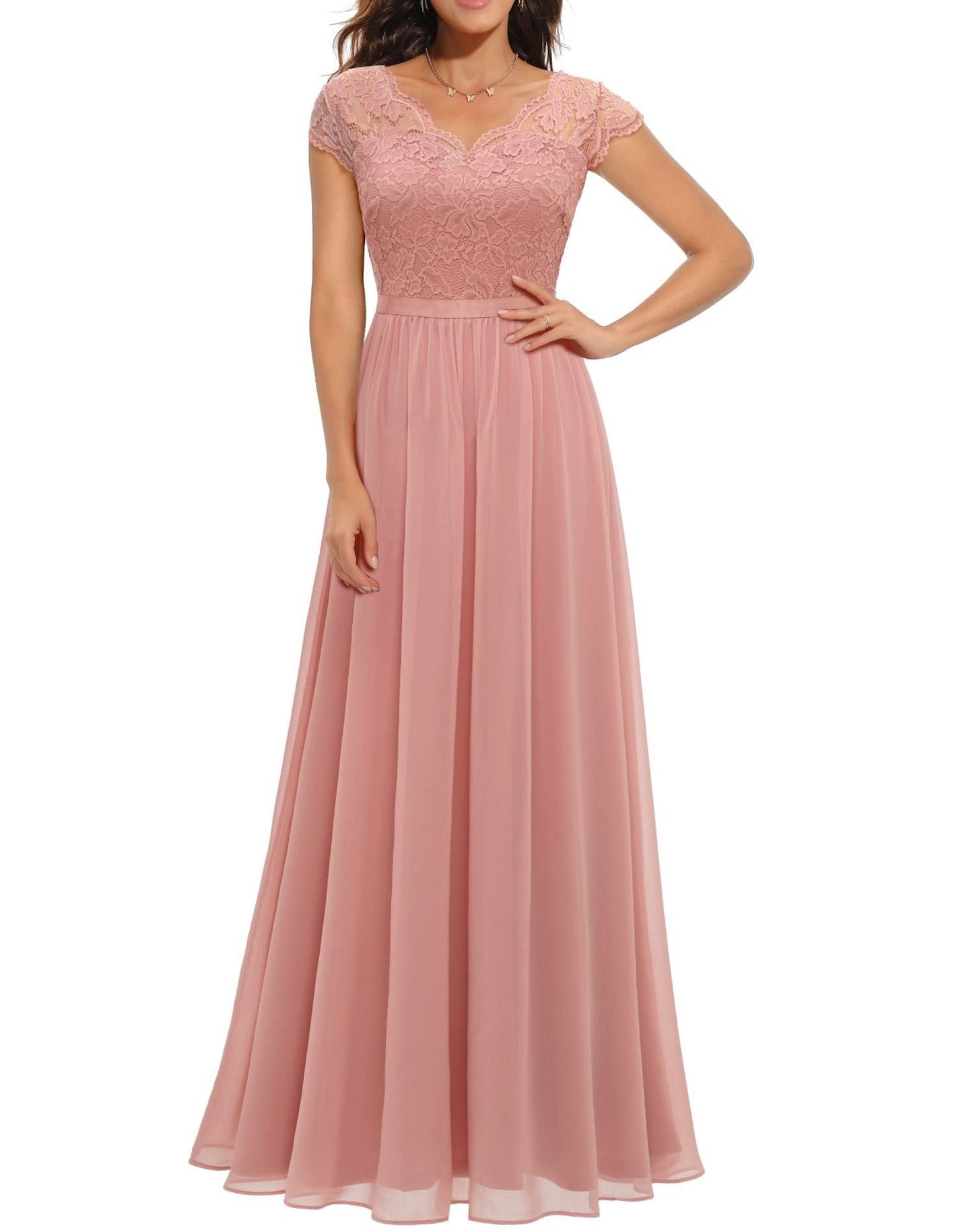 Elegant Bridal Gown Lace Top Short Sleeve Maxi Dress