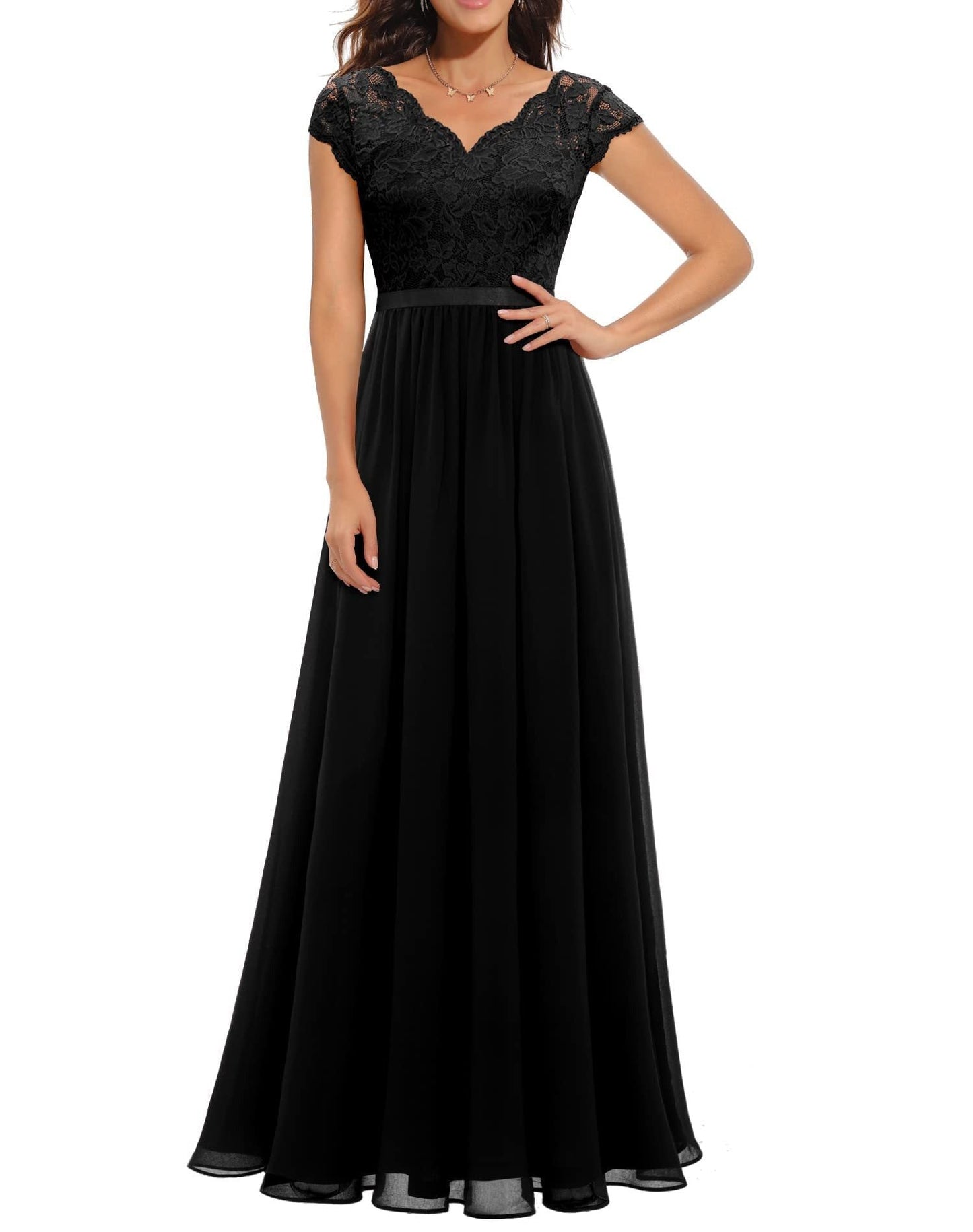 Elegant Bridal Gown Lace Top Short Sleeve Maxi Dress