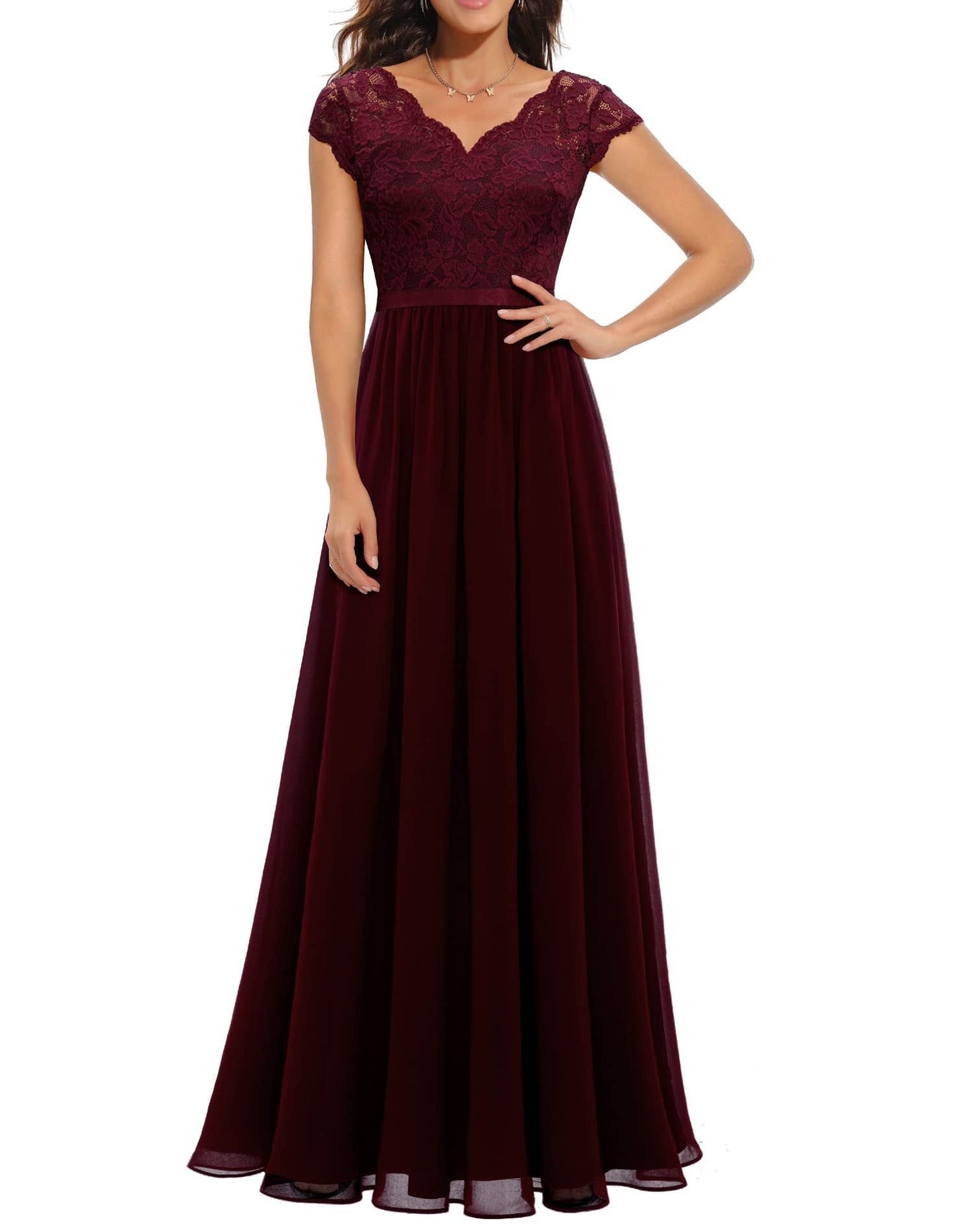 Elegant Bridal Gown Lace Top Short Sleeve Maxi Dress