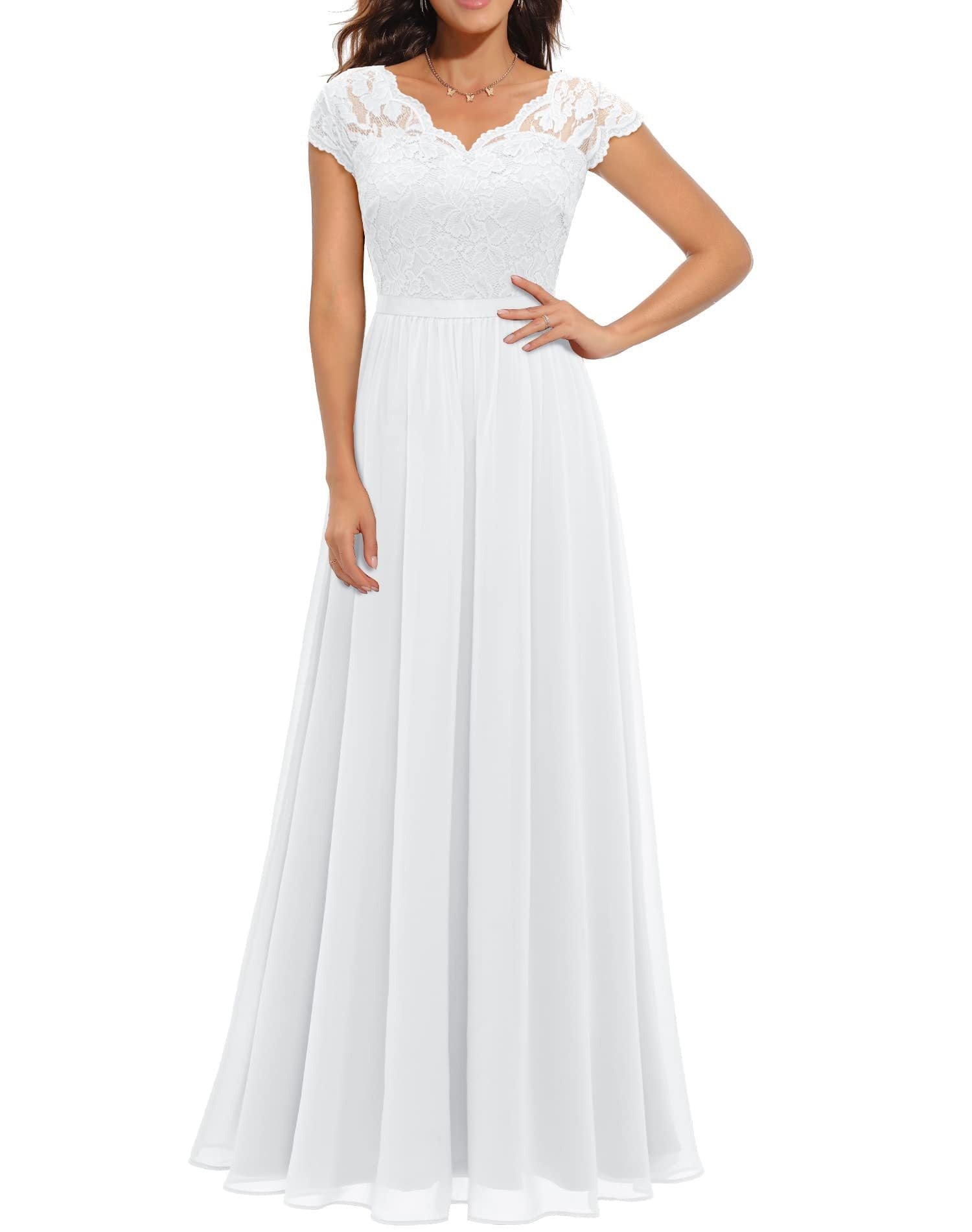 Elegant Bridal Gown Lace Top Short Sleeve Maxi Dress - Luxivelle