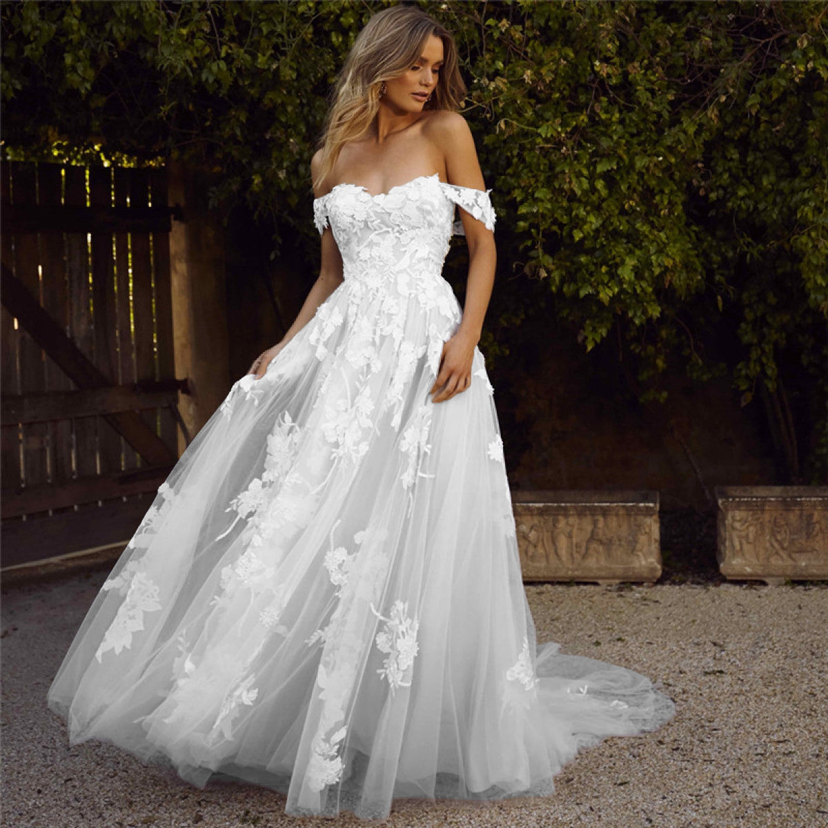Elegant Bridal Maxi Dress Off The Shoulder Lace - Luxivelle