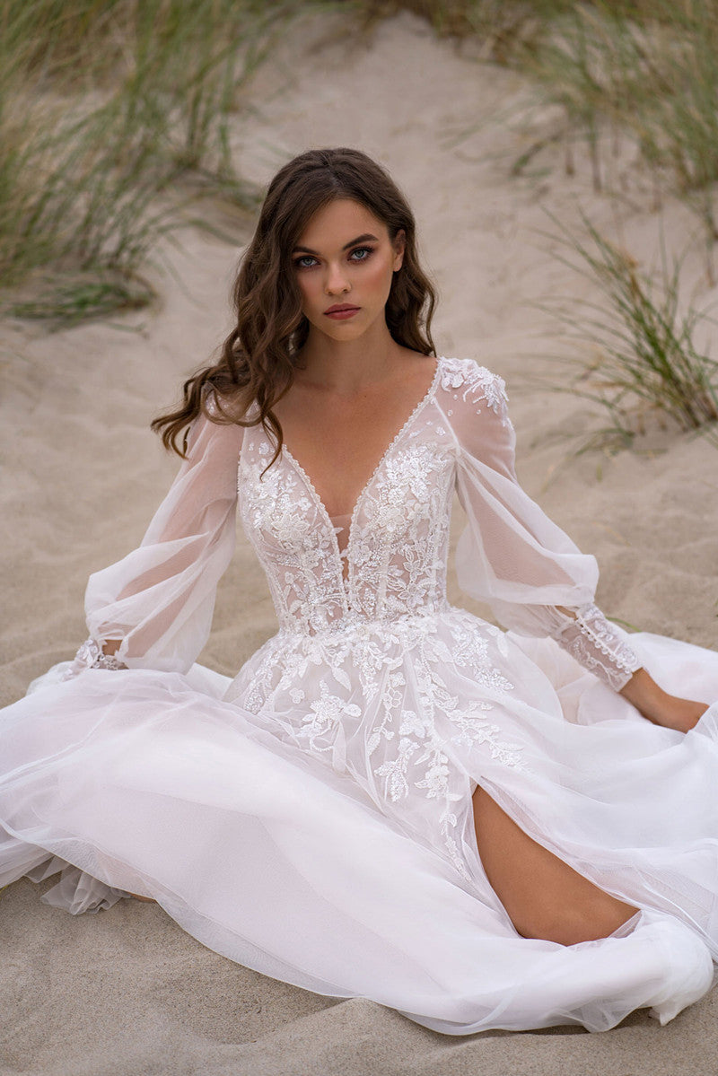 Elegant Bridal Gown Long Sleeve Lace Maxi Dress