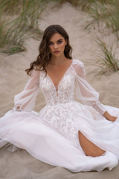 Elegant Bridal Gown Long Sleeve Lace Maxi Dress