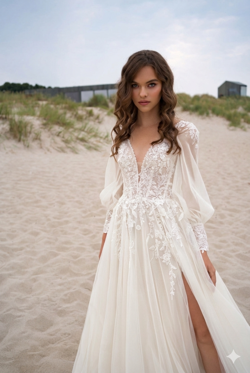 Elegant Bridal Gown Long Sleeve Lace Maxi Dress