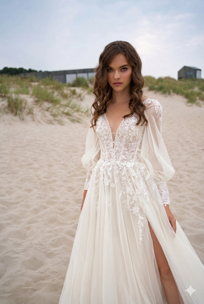 Elegant Bridal Gown Long Sleeve Lace Maxi Dress