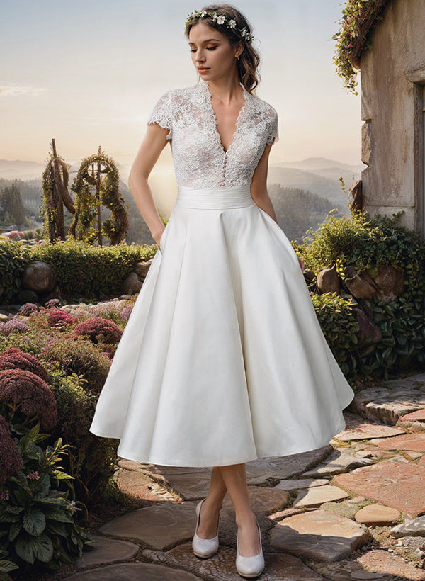 Ladies Bridal Dress V Neck Cap Sleeve Midi - Luxivelle