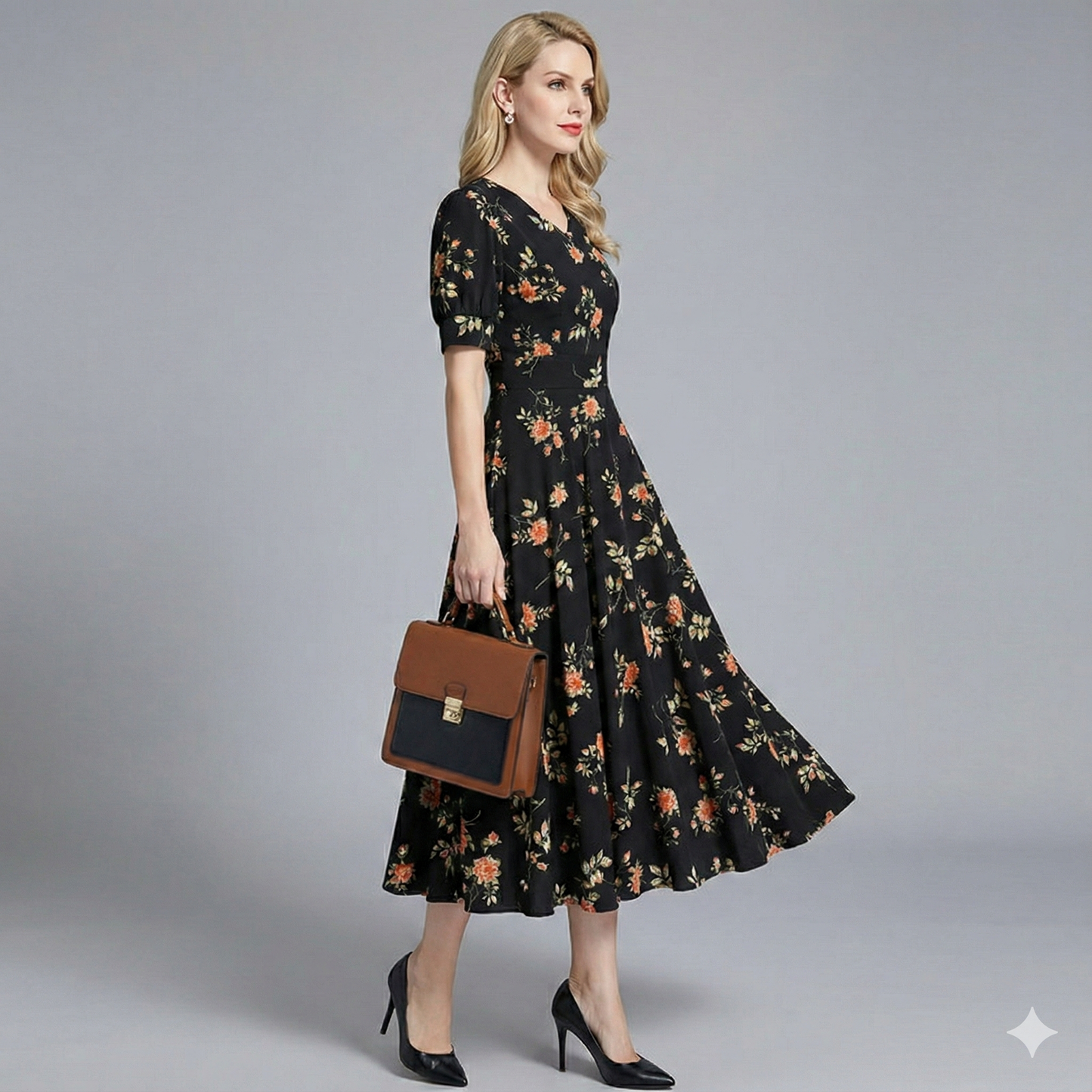 Elegant Ladies Floral Midi Party Dress V Neck