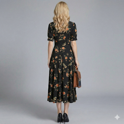 Elegant Ladies Floral Midi Party Dress V Neck