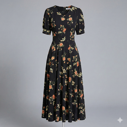 Elegant Ladies Floral Midi Party Dress V Neck