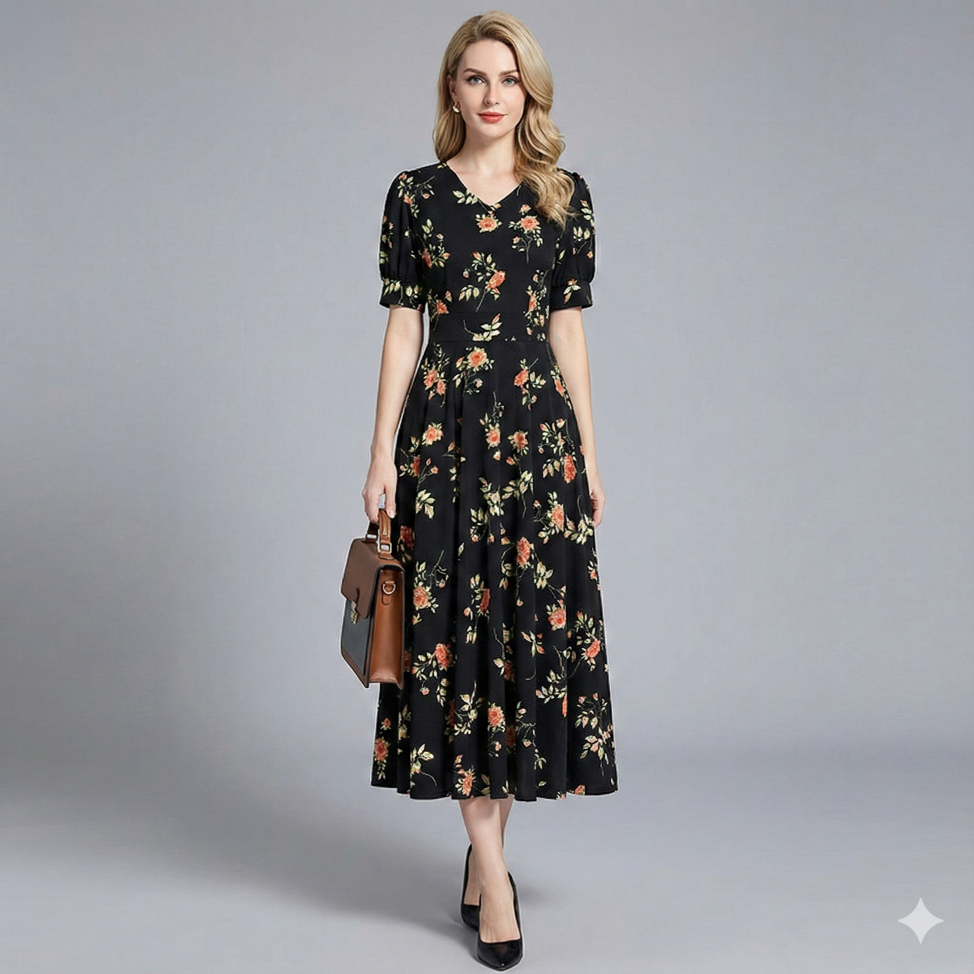 Elegant Ladies Floral Midi Party Dress V Neck - Luxivelle