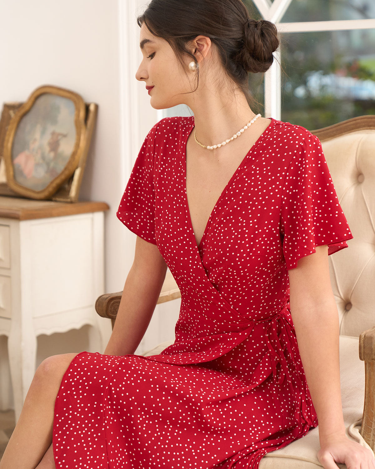 Elegant Polka Dot Midi Wrap Dress for Women