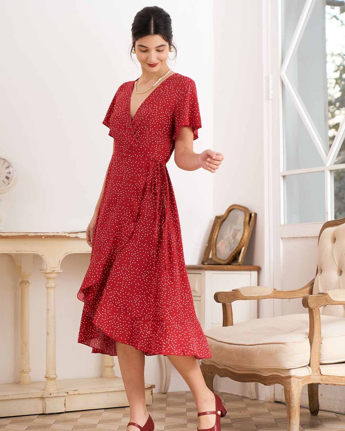 Elegant Polka Dot Midi Wrap Dress for Women - Luxivelle