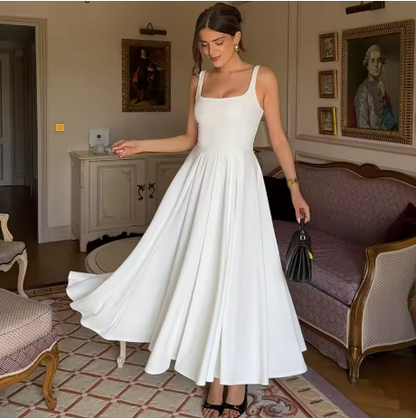 Elegant Ladies White Midi Pleated Dress - Luxivelle