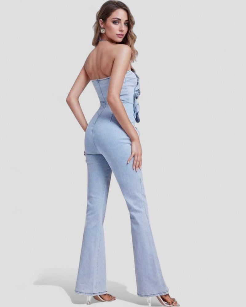 Womens Strapless Denim Jumpsuit with 3D Floral Appliques 1