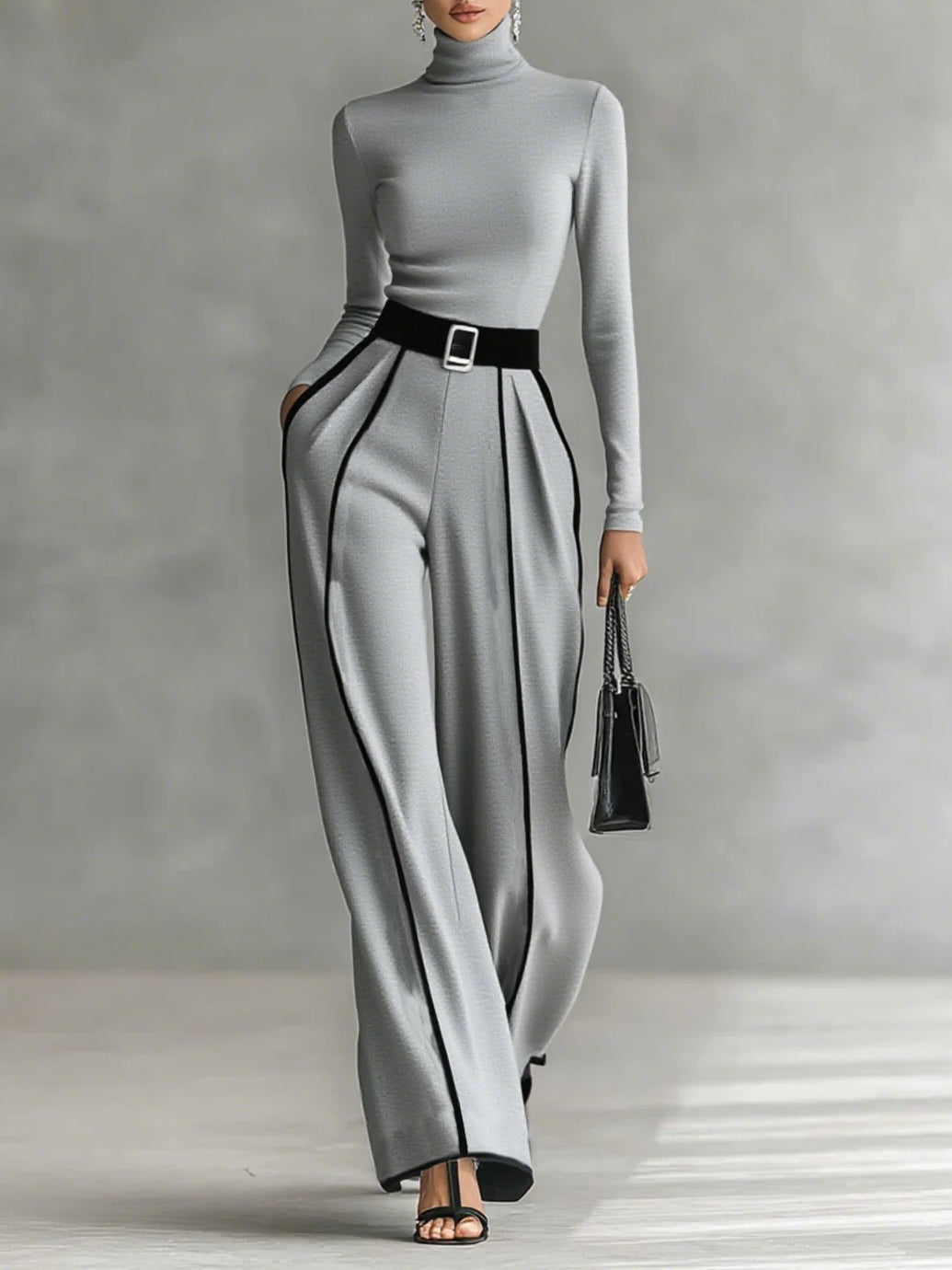 Elegant High Neck Top and Palazzo Pants Set with Belt