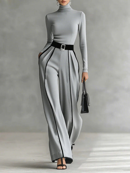 Elegant High Neck Top and Palazzo Pants Set with Belt