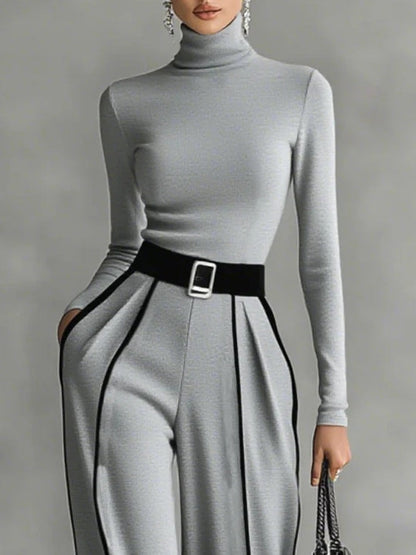 Elegant High Neck Top and Palazzo Pants Set with Belt