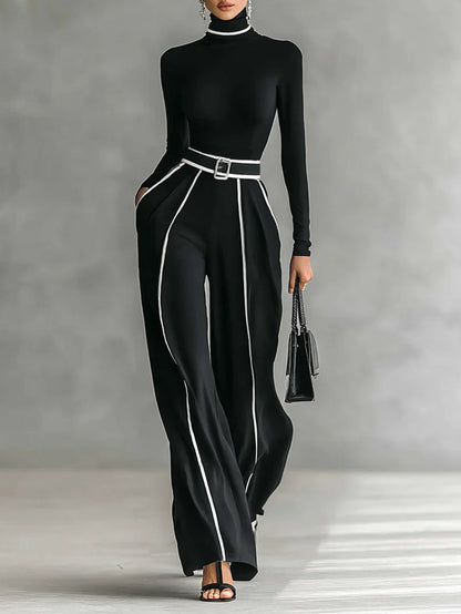Elegant High Neck Top and Palazzo Pants Set with Belt - Luxivelle