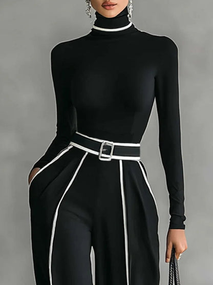 Elegant High Neck Top and Palazzo Pants Set with Belt