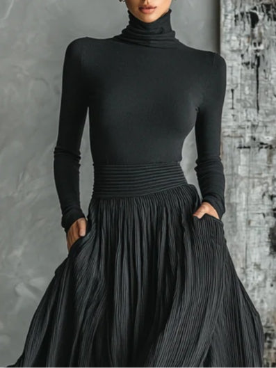 Women's Knit Turtleneck Pleated Skirt Outfit