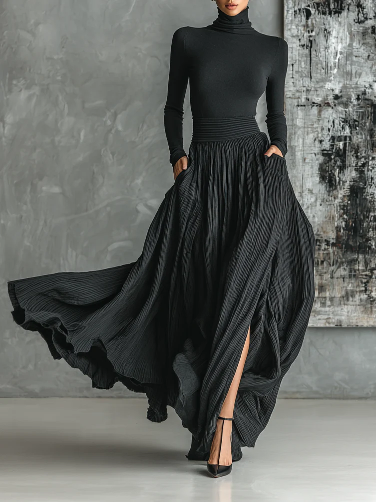 Women's Knit Turtleneck Pleated Skirt Outfit - Luxivelle
