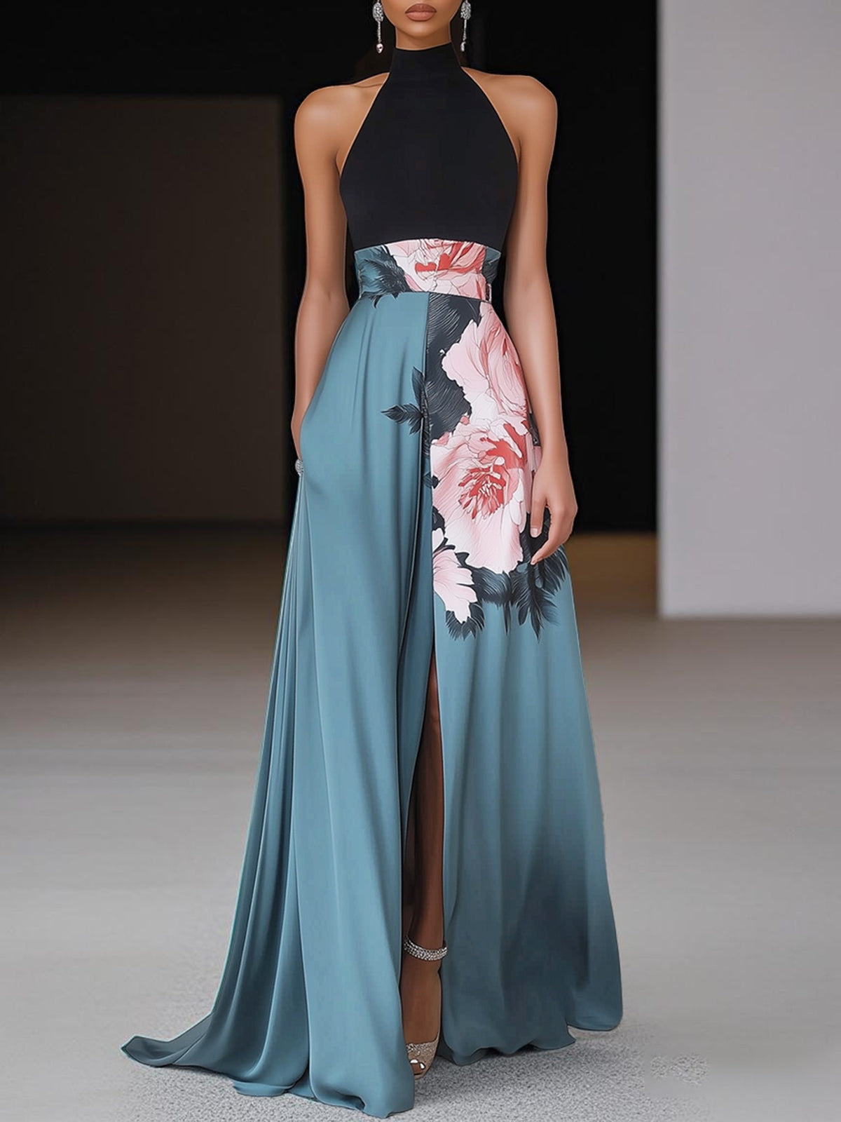 Elegant Floral Sleeveless Black Dress - Luxivelle