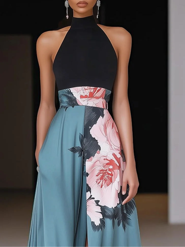 Elegant Floral Sleeveless Black Dress