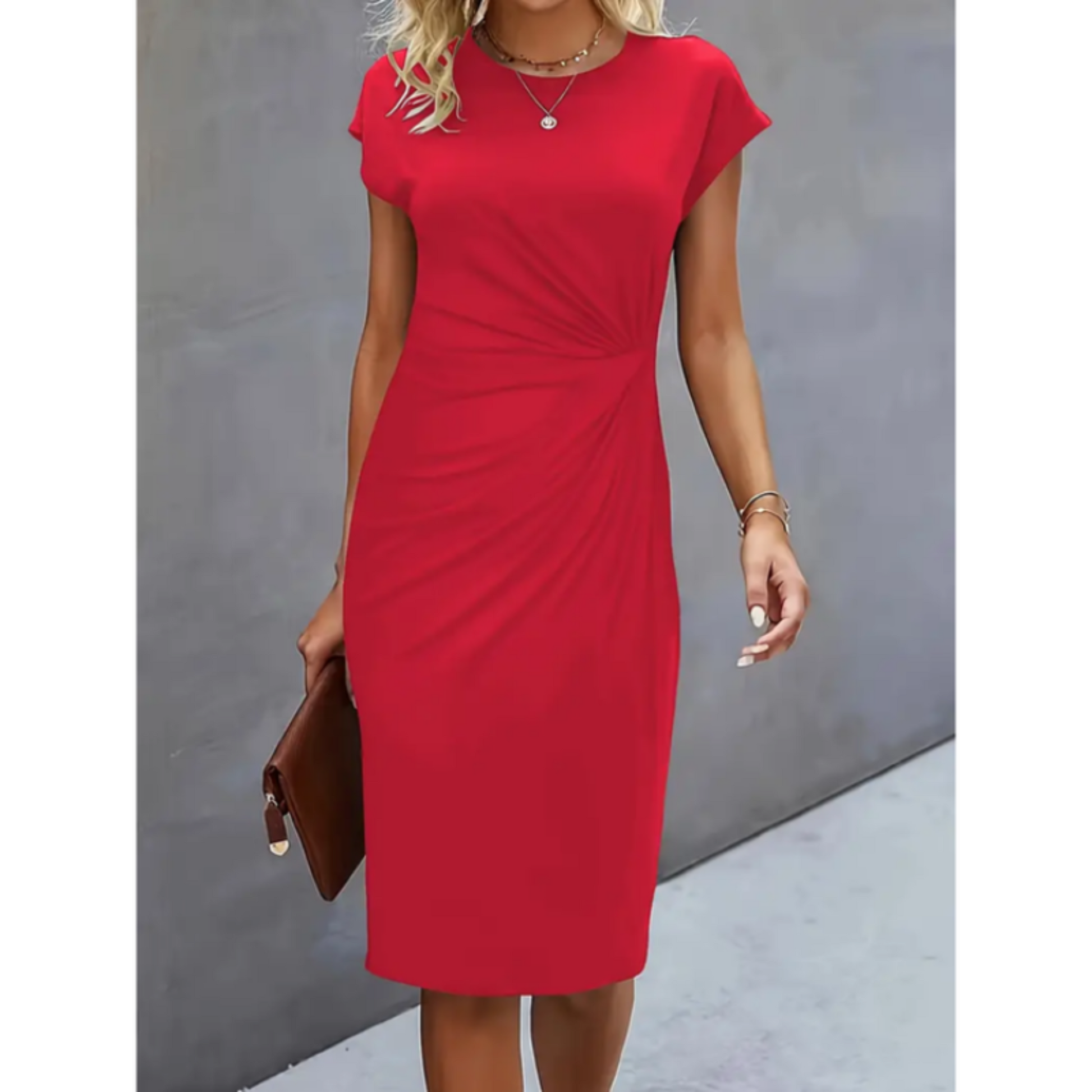 Women's Short-Sleeved Formal Dress | Midi Elegance - Trendy Melbourne