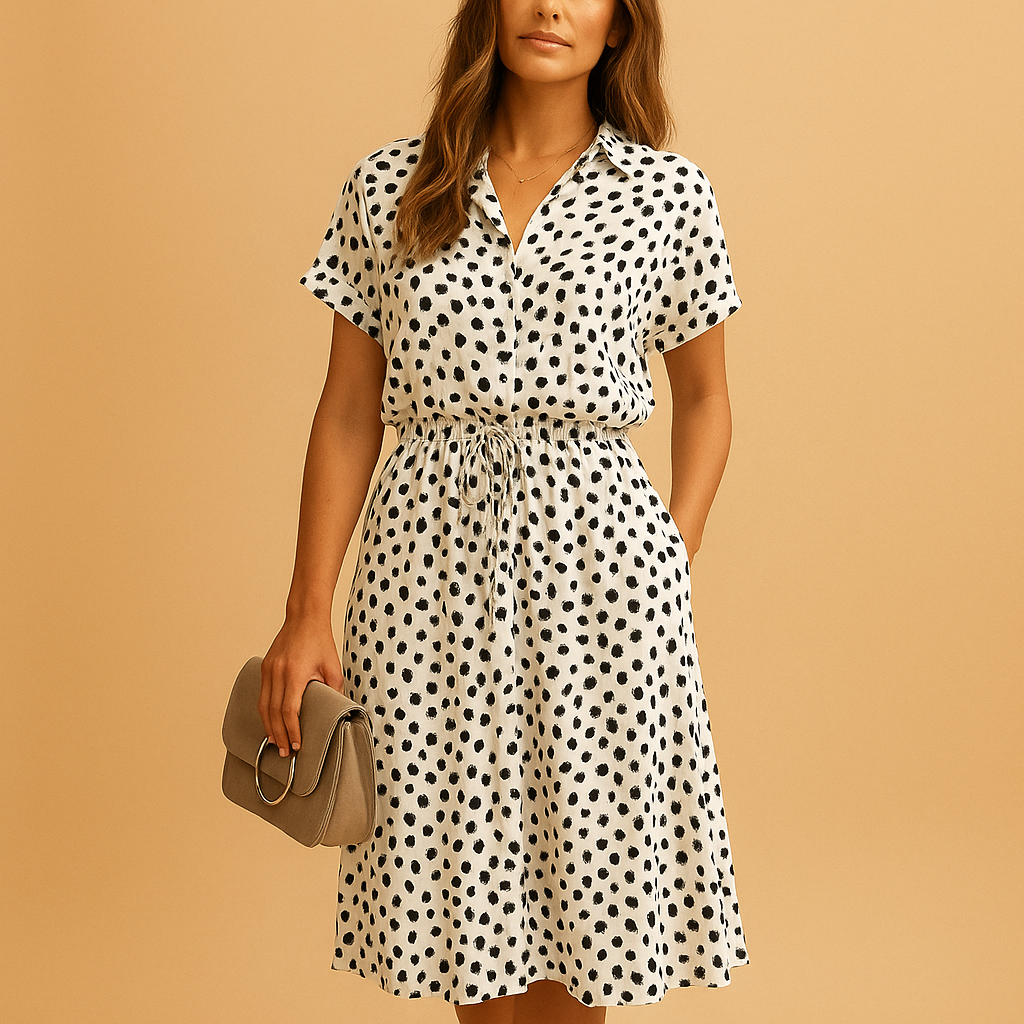 Light and airy A-line midi dress for women with V-neck, short sleeves, and playful button details, ideal for summer, casual wear, or chic occasions.